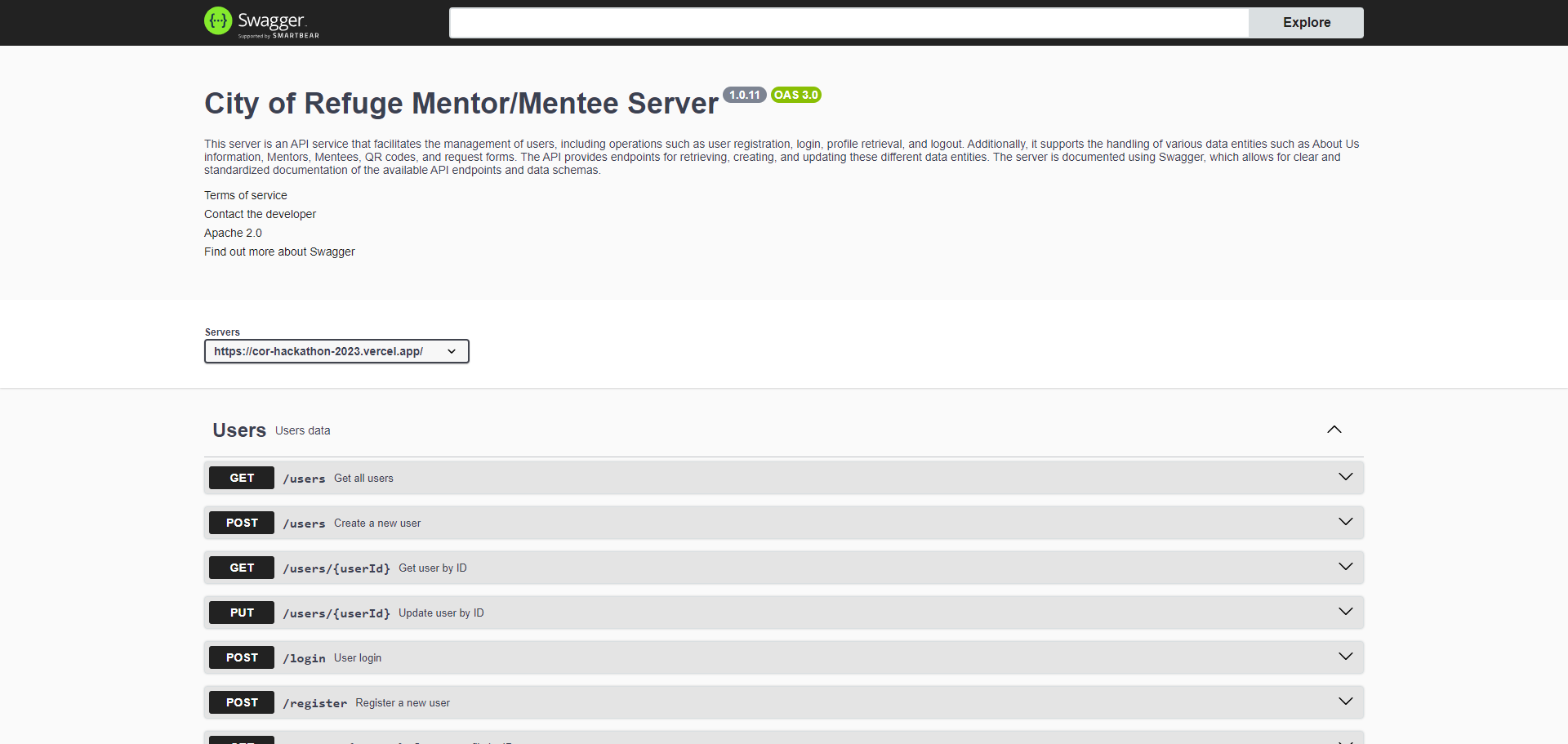 City of Refuge Mentor/Mentee API